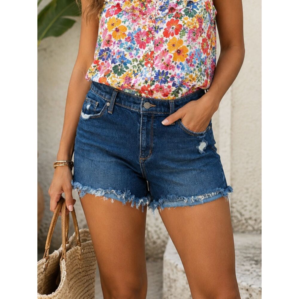 Universal Thread High Rise Shortie Distressed Denim Shorts Size 12/31R Raw Hem